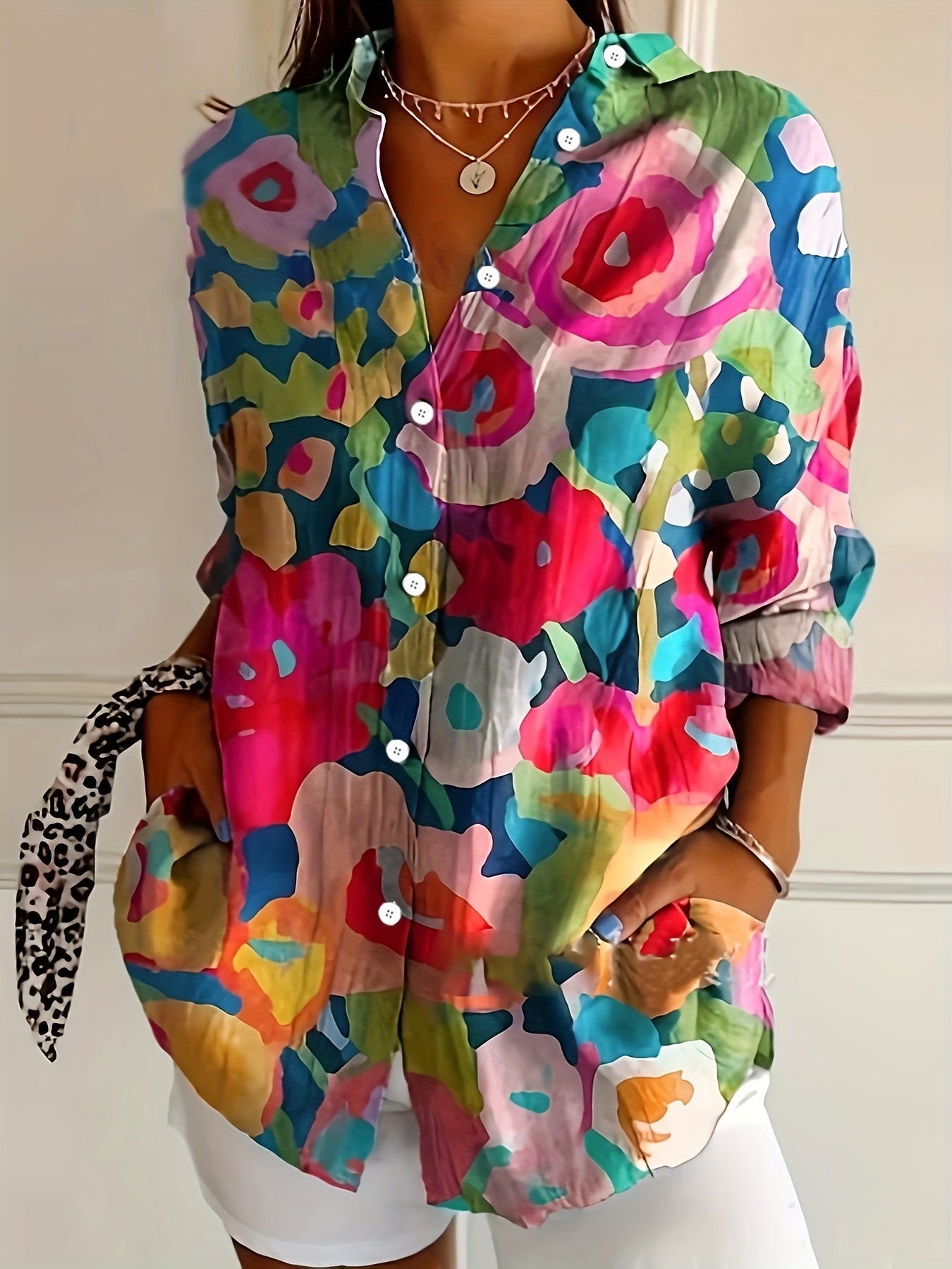 Mother's Day Retro Floral Print Simple Shirt, Casual Button Front Long Sleeve Shirt, Women's